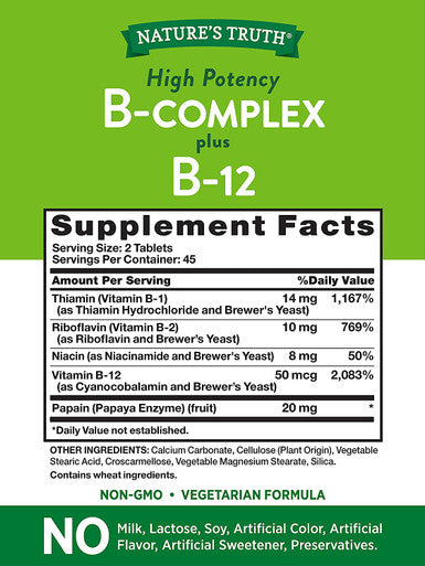 Vitamin B Complex | Plus B12 | 90 Tablets | Vegetarian, Non-GMO & Gluten | by Nature's Truth