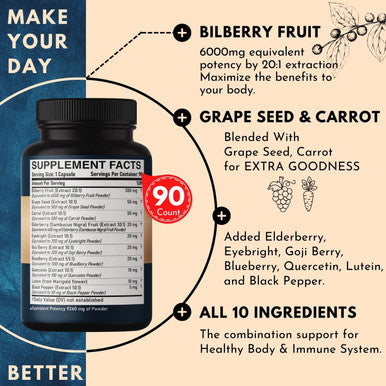 Dedicad 10In1 Bilberry Extract For Eyes Supplement 9260Mg - 3 Month Supply With Grape Seed, Carrot, Elderberry, Eyebright & More
