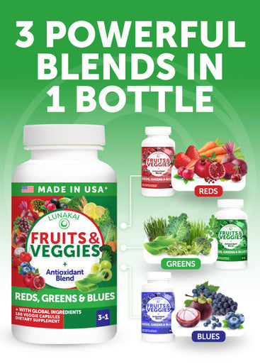 Lunakai Usa Made Superfood Fruits & Veggies Supplement - All-In-One With 4 Blends & Scented Capsules 180Ct Super Veggie Capsules For Adults