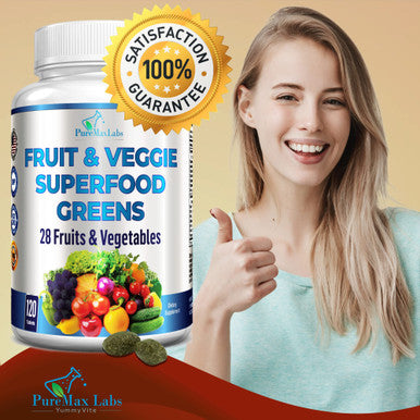 YUMMYVITE Fruit And Veggie Superfood Greens - 120 Tablets - 28 Fruits And Vegetables Incl. Alfalfa, Barley Grass, Spirulina, Beet Root, Tart Cherry, Non-Gmo - 120 Tablets