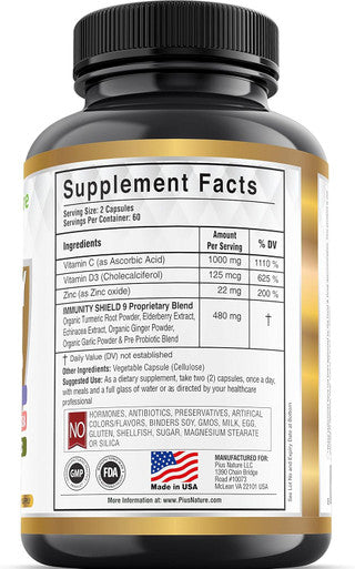9-In-1 Immune Support Vitamin C (1000Mg), Vitamin D3 (5000 Iu), Zinc(22Mg) With Elderberry, Turmeric, Echinacea, Ginger, Garlic And Pre+Pro-Biotic Per Serving (120 Caps Per Bottle - 2 Month Supply)