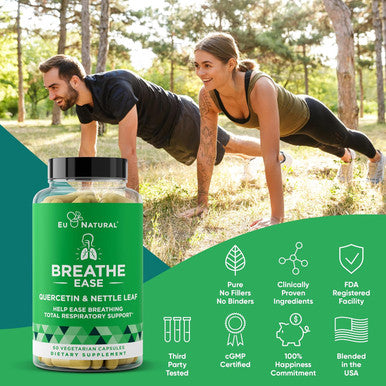 Eu Natural Breathe Inhaler Support Supplement Sinus Lungs Open & Clear Airways Seasonal Nasal Health Bronchial Wellness Healthy Chest Quercetin Vitamin D Bromelain Pills 60 Vegetarian Soft Capsules
