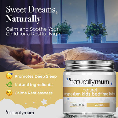 Naturallymum NaturallyMum Kids Magnesium Bedtime Lotion | Support for Sleep Heart Bone Nerve Gut and Muscle Health | Alternative to Melatonin | Topical Cream Safe for Kids | Vanilla | 4.2 fl oz