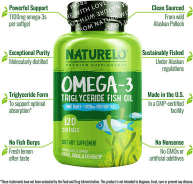 NATURELO Omega-3 Fish Oil Supplement - EPA + DHA - 1100 mg Triglyceride Omega-3 per Gel - One A Day - for Heart, Eye, Brain, Joint Health - No Burps - Lemon Flavor - 120 Softgels | 4 Month Supply