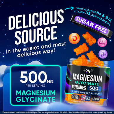 JOYLI Nutrition Magnesium Glycinate Gummies with Vitamins B6, B12 & D3 - 60 Gummies