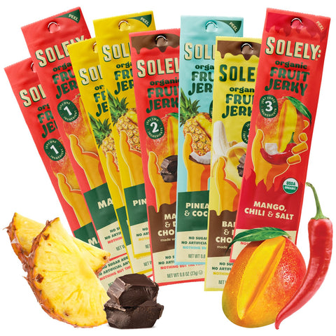 Solely - Organic Mango Fruit Jerky - 12 Individually Wrapped Fruit Strips - Fruit Leather Made from Dried Fruits - Healthy Snacks, Vegan - 0.8oz (23g)