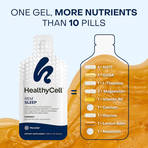 Healthycell Rem Sleep Aid Supplement For Adults - Liquid Gel Extra Strength Sleep Supplement With Melatonin Magnesium L-Theanine Gaba & Natural Calming Herbs - 30 Gel Packs Cherry Flavored