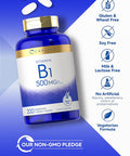 Carlyle Vitamin B1 500mg (Thiamine) | 200 Vegetarian Caplets | Non-GMO and Gluten Supplement