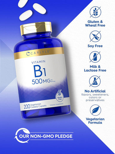 Carlyle Vitamin B1 500mg (Thiamine) | 200 Vegetarian Caplets | Non-GMO and Gluten Supplement