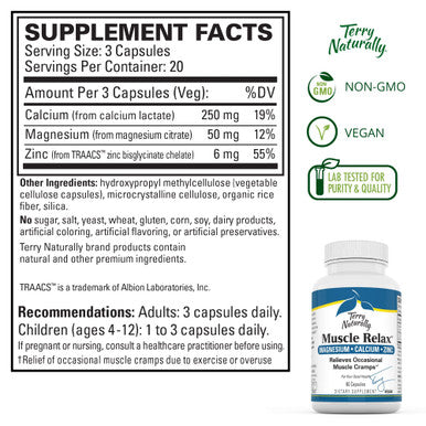 Terry ly Muscle Relax - 60 Vegan Capsules - Occasional Muscle Cramp Relief Supplement, Supports Nervous System - Non-GMO, Gluten-Free - 20 Total Servings
