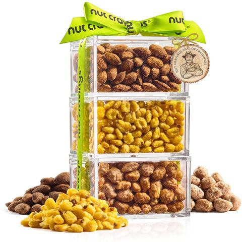 NUT CRAVINGS - Purim Mishloach Manot Dried Fruit & Mixed Nuts Gift Basket, Green Tower + Ribbon (12 Assortments) Ramadan Gifts Food Arrangement, Healthy Snack Care Package, Kosher