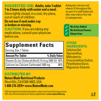 Nature Made Calcium 600 Mg With Vitamin D3 Dietary Supplement For Bone Support 220 Tablets (Pack Of 1)