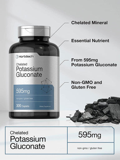 Potassium Gluconate Supplement 595mg | 300 Count | Chelated Potassium | Vegetarian, Non-GMO, Gluten Free | by Horbaach