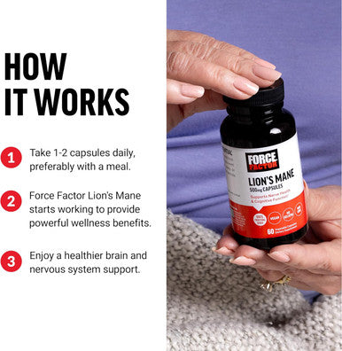Force Factor Lion s Mane Supplement Capsules Memory & Focus Supplement Supports Nerve Health & Cognitive Function Made with 100% Fruiting Body Vegan No Gelatin Non-GMO 60 Vegetable Capsules