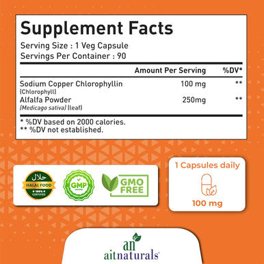 Aitnaturals Chlorophyll - 100 mg (90 Capsules)| Formulated with Alfalfa Powder for Comfort Digestion Nutritional Balance Inner Deodorant Detoxify Digestive Track Antioxidant Clear & Radiant Skin