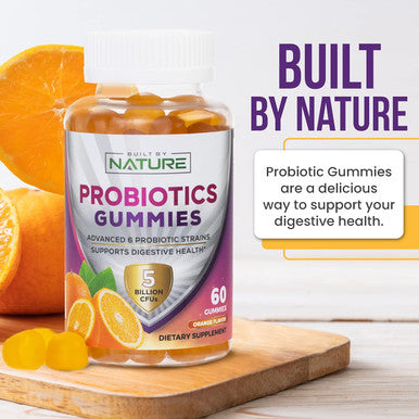 Built Nature Probiotic Gummies 5 Billion Cfus For Digestive & Gut Health - Reduces Occasional Bloating & Minor Abdominal Discomfort - Probiotic Gummy For Women & Kids - Natural Orange Flavor 60 Gummies
