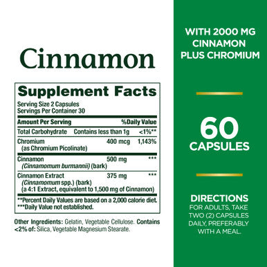 Nature's Bounty Cinnamon 2000mg Plus Chromium Sugar Metabolism Support Supplement 60 Capsules