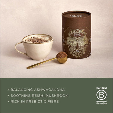 Ancient + Brave Cacao + Reishi 250G Pouch - High Grade Nutritious Raw Cacao, Reishi Mushroom, Baobab And Chicory - Smooth Chocolate Blend - Stress Reducing