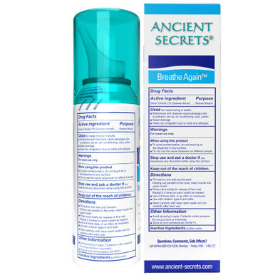 ANCIENT SECRETS Saline Nasal Spray - Breath Again Hypertonic Seawater Nasal Spray, Allergy & Sinus Relief, Nasal Congestion Moisturizer, 3.38 Fl Oz