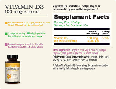 NatureWise Vitamin D3 4000 IU NonGMO and GlutenFree in ColdPressed Organic Olive Oil Capsule Yellow 360 Count