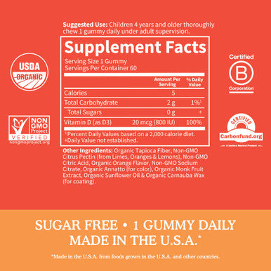 Garden of Life Kids Organic Vitamin D3 Gummies With 800 Iu (100% Daily Value) For Strong Bones Teeth Brain & Immunity Non-Gmo No Gluten Vegetarian Sugar Free Orange Flavor 60 Servings