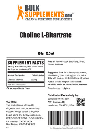 BulkSupplements Choline L-Bitartrate Powder - Liver Focus Supplement - Choline Bitartrate Powder - Choline Supplements - Choline Powder - Cognitive Support Supplements (100 Grams - 3.5 oz)