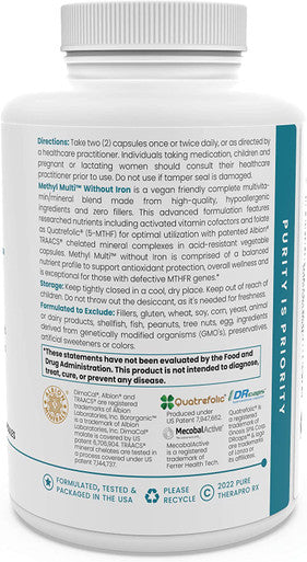 Methyl Multi Without Iron 240 Vegetable Capsules This Vegan Formula Features Activated Vitamin Cofactors and Folate as Quatrefolic 5MTHF Patented Albion TRAACS Chelated Mineral Complexes