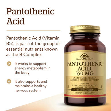 Solgar Pantothenic Acid 550 Mg 100 Vegetable Capsules - Vitamin B5 - Energy Metabolism Nervous System Support - Gluten Free Dairy Free Kosher - 100 Servings