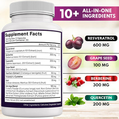 Age Resveratrol, Berberine, Grape Seed Extract, Quercetin, Polyphenol Supplement For Women And Men With Noni Extract, N-Acetyl Cysteine, Acai Extract - 120 Capsules
