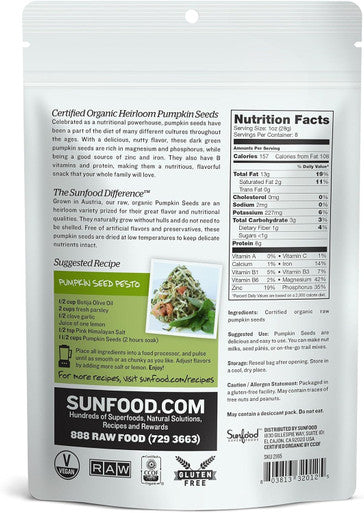 Sunfood Superfoods Raw Organic Pumpkin Seeds - Nutritional Powerhouse Snack - Austria Grown Heirloom Variety Prized For Great Flavor And Nutritional Density - 8 Oz Bag