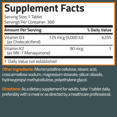 Bronson Basics Vitamin K2 D3 (Mk7) Supplement Non-Gmo Formula 5000Iu (125 Mcg) Vitamin D3 & 90 Mcg Vitamin K2 Mk-7 Easy To Swallow Vitamin D & K Complex, 360 Tablets