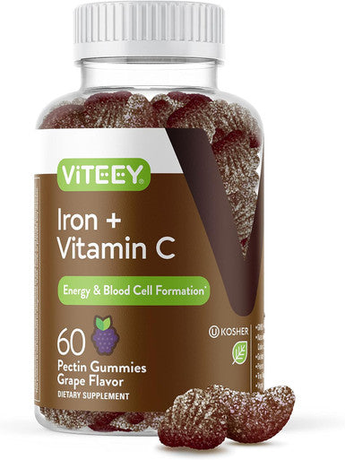 Iron Gummies 20Mg + Vitamin C 26Mg For Iron Deficiency And Anemia, Supports Energy, Blood Cell Formulation, Blood Builder, Vegan Supplements, Gluten Gelatin And Gmo Free, Chewable Grape Gummy Chews