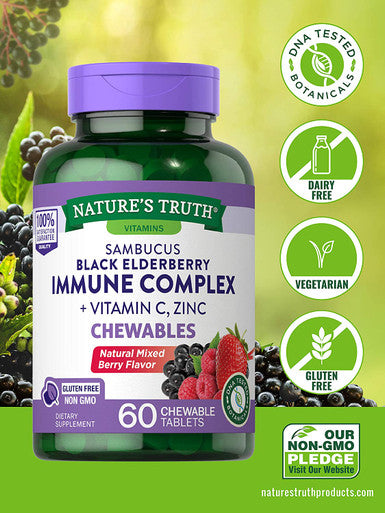 Elderberry Immune Support | 60 Chewable Tablets | with Vitamin C and Zinc | Non GMO and Gluten Complex | Mixed Berry Flavor | by Nature's Truth