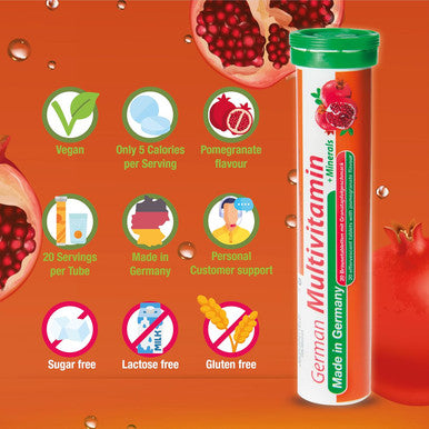 T&D German Multivitamin + Mineralien Drink Effervescent Tablets 140 Servings Pomegranate Flavour 10 Vitamins + 2 Minerals Made In Germany