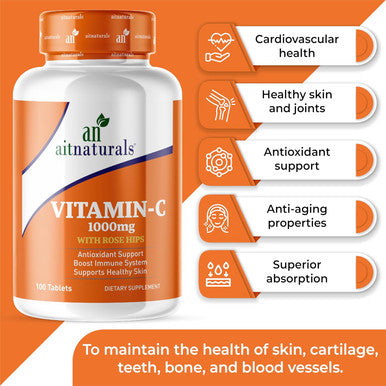 Aitnaturals Vitamin C - 1000mg (100 Tablets) with Rose Hips | Antioxidant Protection Immune Boost Supports Healthy Skin | 100-Day Supply | Non-GMO Gluten- Ascorbic Acid Supplement