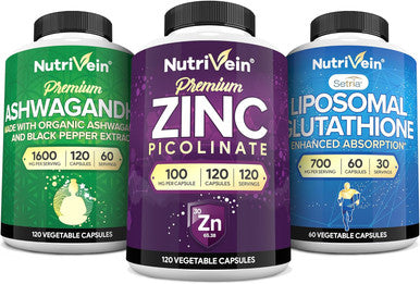 Nutrivein Premium Zinc Picolinate, Ashwagandha, And Liposomal Glutathione Supplement Bundle: Sea Moss, Reduced Glutathione, & Zinc Supplements For Men & Women For Immunity, Detox, Rest, & Recovery
