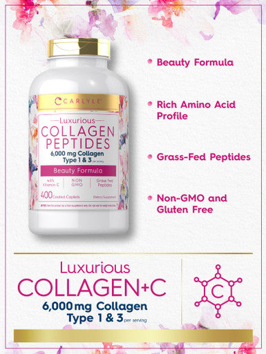 Carlyle Collagen Peptides 6000Mg | 400 Caplets | With Vitamin C | Type 1 And 3 | Non-Gmo, Gluten Free, Grass Fed Supplement