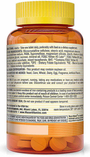 Mason Natural Daily Multiple Vitamins with Iron, Vitamins A, C, D, E, B1, B2, B3, B6, B12, Folate and Calcium for Overall Health, 365 Tablets