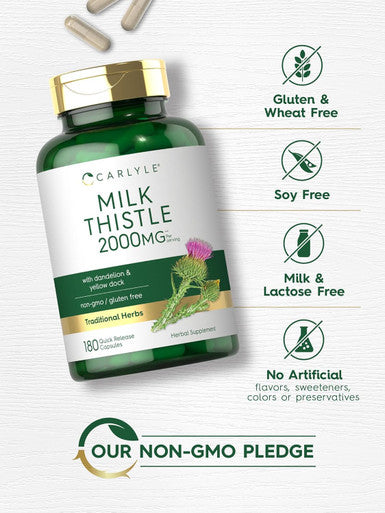 Carlyle Milk Thistle 2000Mg 180 Capsules With Dandelion & Yellow Dock Non-Gmo, Gluten Free