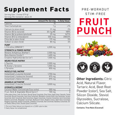 Kaged Muscle Stimulant Free Pre Workout Powder Fruit Punch Pre-Kaged Formulated with Creatine Beta Alanine No Jitters 20 Servings