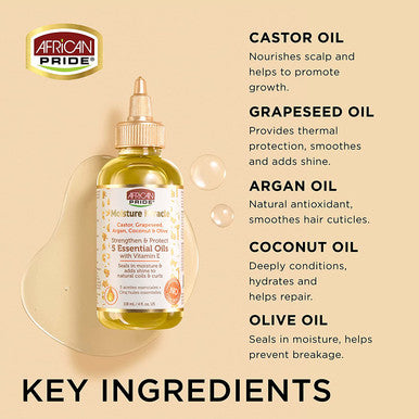 African Pride Moisture Miracle 5 Essential Oils (3 Pack) - Contains Castor, Grapeseed, Argan, Coconut & Olive Oil, Seals in Moisture & Adds Shine to Hair, Vitamin E, 4 oz