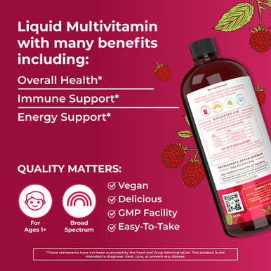 MaryRuth Organics Multivitamin Multimineral for Women Men & Kids Raspberry 32 Fl Oz
