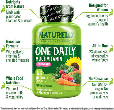 NATURELO One Daily Multivitamin for Women Energy Support - Whole Food Supplement to Nourish Hair Skin Nails Gluten Free 120 Capsules