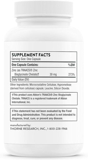 Thorne Zinc Bisglycinate 30Mg - Daily Support For Skin, Eye & Immune System Health With Zinc Supplement Capsules - 60 Capsules