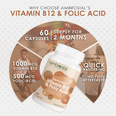 Ambrosial Ambrosial Vitamin B12 1000 mcg + 500 mcg Folic Acid | 1500 mcg | Folic Acid | Reduction of Tiredness & Fatigue | B12 Supplement | Immune System Energy & Brain Support (Pack of 1-60 Capsules)