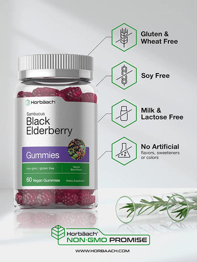 Sambucus Black Elderberry Gummies | 60 Count | with Zinc and Vitamin C | Vegan, Non-GMO, Gluten Free Extract for Adults | Natural Berry Flavor | by Horbaach