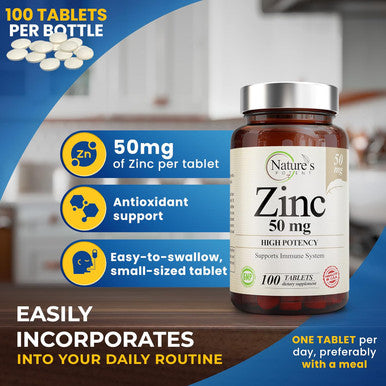 Zinc 50Mg [High Potency] Supplement - Immune Support System From Natural Zinc (Oxide/Citrate) 100 Tablets, Made By Nature'S Potent.