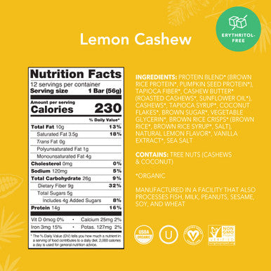 ALOHA Organic Plant Based Protein Bars - Lemon Cashew - 12-Count - Vegan Low Sugar Gluten-Free Paleo Low Carb Non-GMO No Stevia & No Erythritol