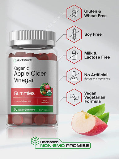 Organic Apple Cider Vinegar Gummies | 60 Gummies | Vegan, Non-GMO & Gluten-Free Supplement | USDA Certified Organic ACV | Apple Flavor | by Horbaach