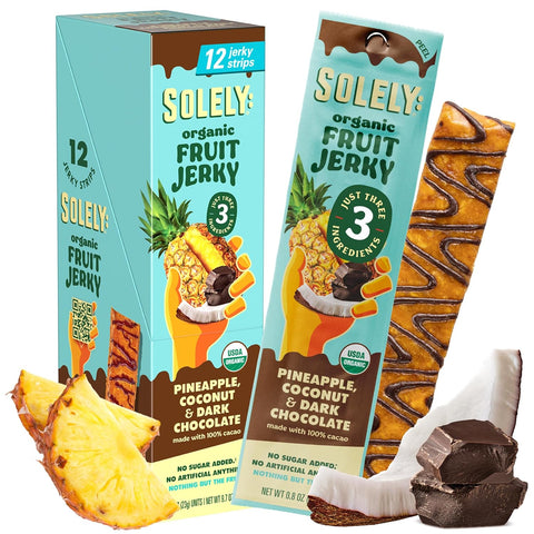 Solely - Organic Mango Fruit Jerky - 12 Individually Wrapped Fruit Strips - Fruit Leather Made from Dried Fruits - Healthy Snacks, Vegan - 0.8oz (23g)